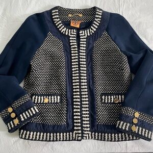Tory Burch navy blue & cream tweed boucle eyelet blazer. Gold buttons. Size 8